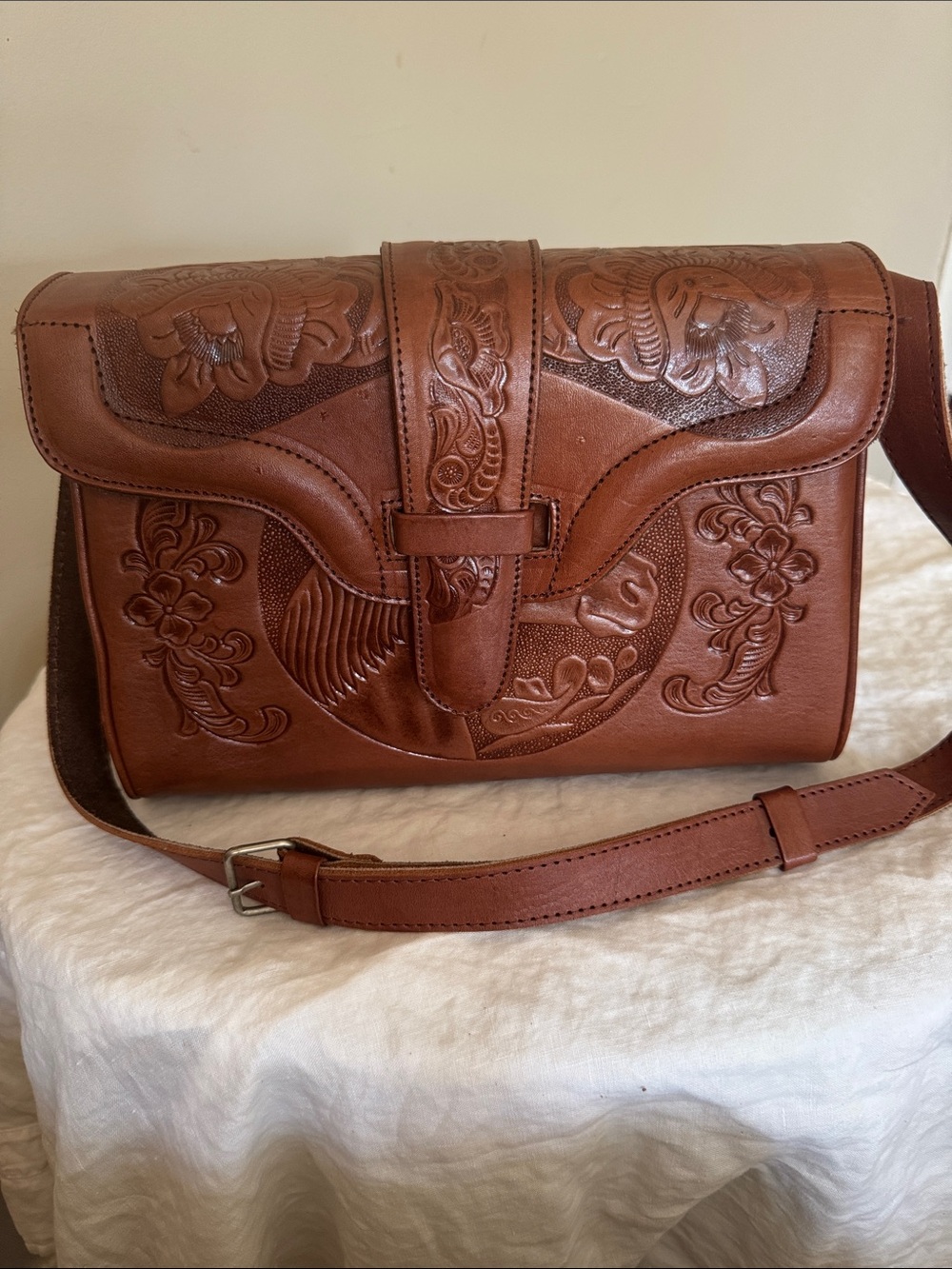 Vintage Mexican Tooled Leather Crossbody Satchel Purse